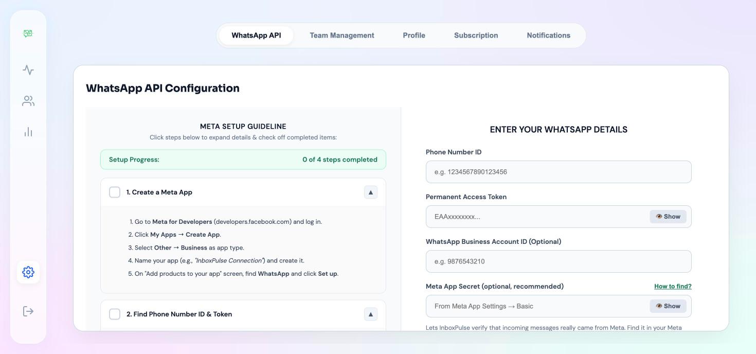 InboxPulse WhatsApp Business API settings page for connecting a WhatsApp number via the Meta Cloud API